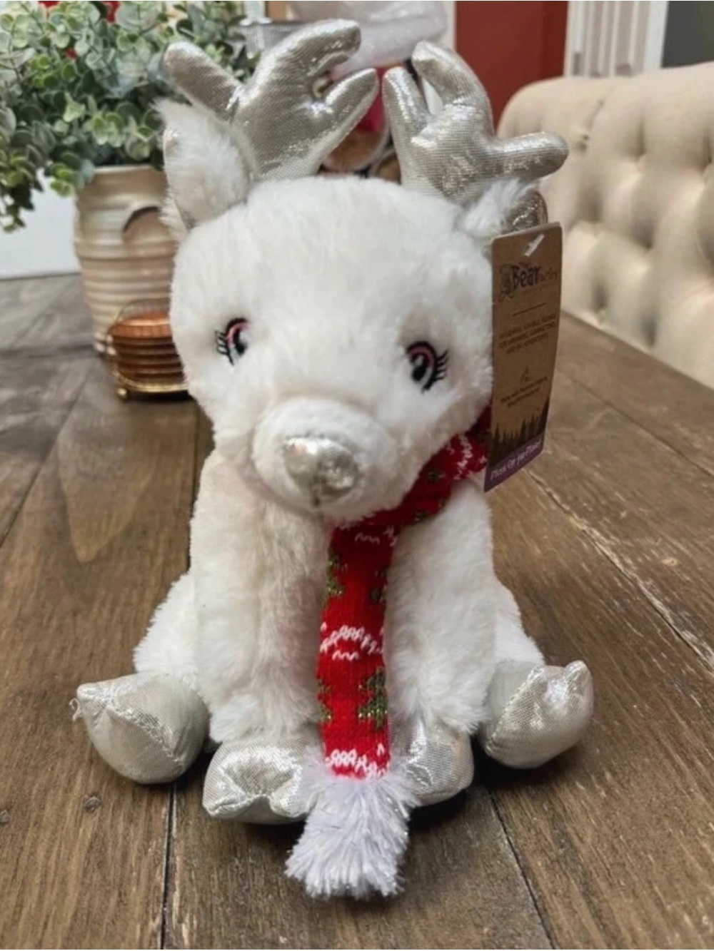 The Bear Factory Plush White Reindeer Holiday Accent with Red Scarf